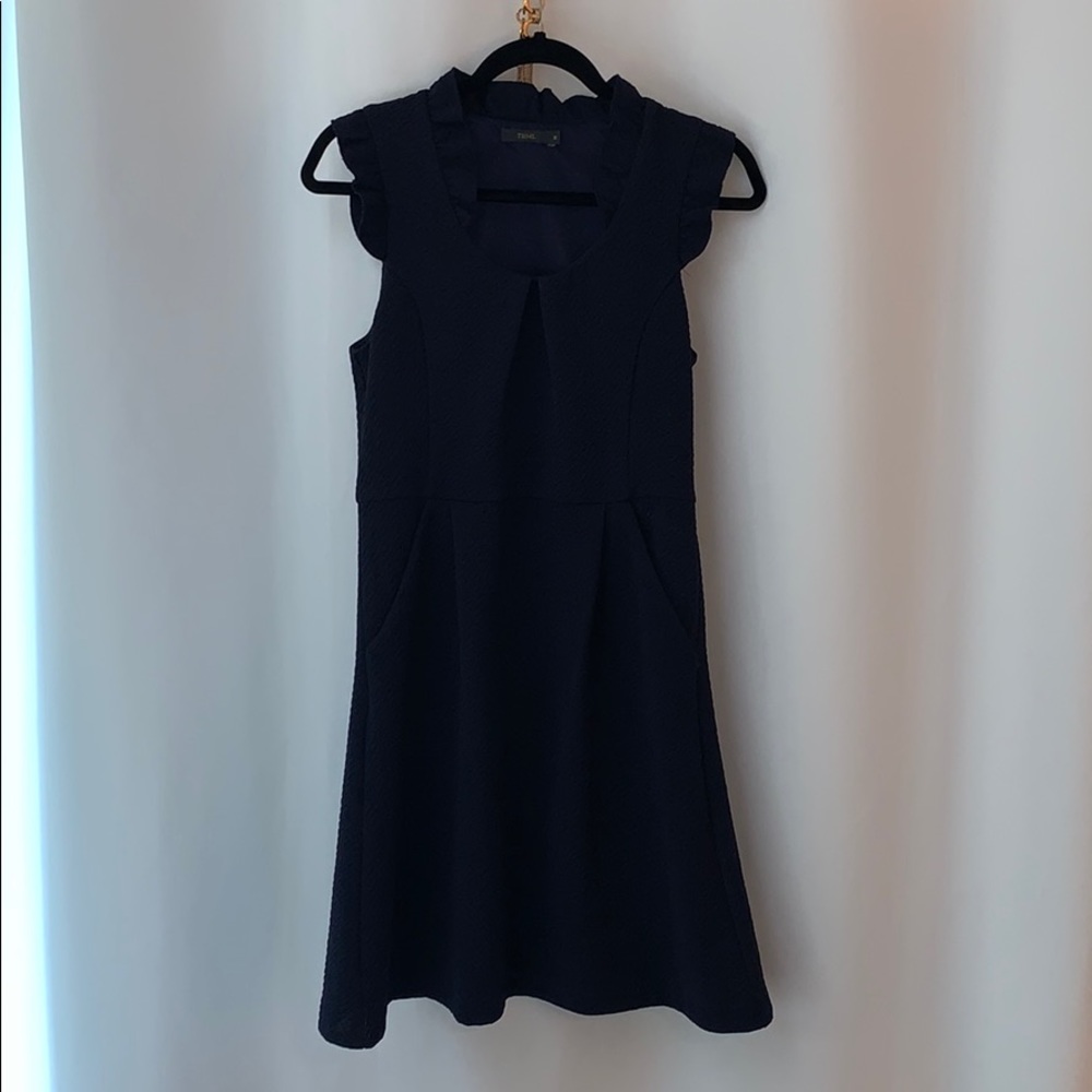 Deep Navy Ruffle Neck Cap Sleeve Dress